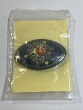 Vintage Russian Hand Painted Floral Rose Flower Black Oval Lacquered Brooch Pin picture