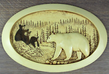 Pete Lange scrimshaw style resin carving bear & cubs, wooded landscape - Signed picture
