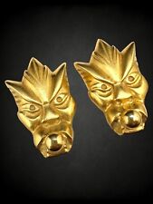 Vintage Karl Lagerfeld Brushed Goldtone Roman Mythical Mask Clip On Earrings picture