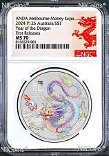 2024 Silver Lunar Year Dragon WHITE NGC MS70 1oz $1 Melbourne Money Expo picture