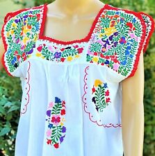 Huipil Tunic Blouse Hand Embroidered Crochet Flowers Cotton Oaxaca Mexico Boho picture