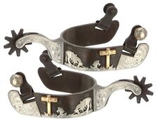 Western Rowel Spurs - Praying Cowboy-Cross-Horse Motiff - Brown Iron - Silver  picture