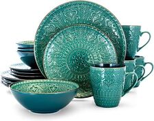 Round Stoneware Embossed Dinnerware Dish Set, 16 Piece, Ocean Teal and Green picture