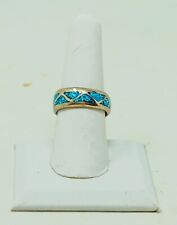 Vintage Indigenous Style Crushed Turquoise Inlay Silver Band Ring - Size 7.50 picture