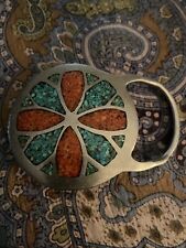 Vintage RJ Belt Buckle Turquoise Crushed Stone Octagonal Inlay Pewter picture