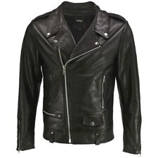 New Mens Brando Sheepskin Black Leather Jacket Asymmetrical  Biker Motorcycle picture