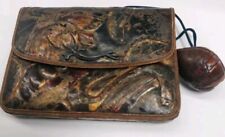 Vintage Japanese Tobacco Pouch Leather And Silver W/ Carved Walnut picture