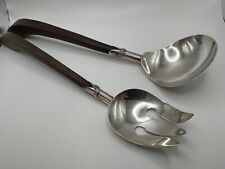 Vintage Mid Century Modern Sterling Silver Teak Salad Spoon And Fork 12.75” picture