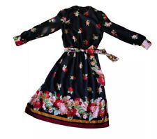 Vintage 1970s Dress Henry Lee Sz 10 Black Floral Mid Fit Flare Long Sleeve Belt picture