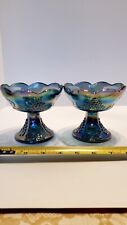 2 Vintage Footed Blue Carnival Glass Candle Holders picture