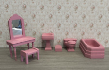 Dollhouse Miniature 1:16 Antique Strombecker Pink Bathroom With Vanity 6 Piece picture