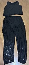 Vintage Black Sequins 2 Piece Pant Set Sleeveless 100% Silk Small  picture