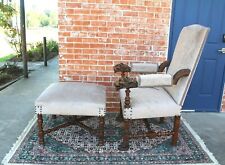 French Antique Upholstered Oak Gray Armchair w Ottoman c1880s ~ Recliner ~ picture