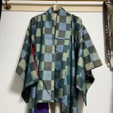 Japanese Taisho Period Vintage Silk Check Kimono Noragi Green Used picture