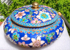Chinese Cloisonne Enamel Jar W/ Lid Blue and Brass Floral jardiniere Dish Candy picture
