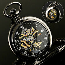 Mens Pocket Watch Mechanical Black Steampunk Skeleton Retro Chain Luxury Classic picture