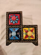 Wooden Handpainted Masala & Spice Box,3 Ceramic Drawer, Multicolored Spice Chest picture