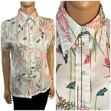 Vintage 60s MOD Top Hippie Disco Frog Print Sharp Collar Button Up S/S M picture