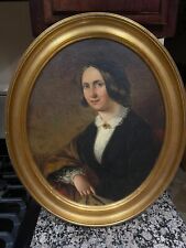 19thC Oval Antique American Portrait Painting Of Woman On Canvas picture