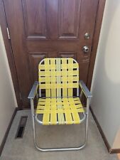 Vintage Folding Aluminum Webbed Lawn Chair Yellow With Blue Stripe  picture