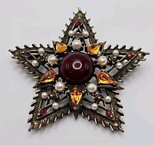 VTG Weiss Brooch Star Red Round & Navette Rhinestones Signed Pin Bronze Color picture