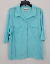 CJ Banks Top Womens Plus 2X Blue Textured Short Sleeve Button Up Casual Artsy picture
