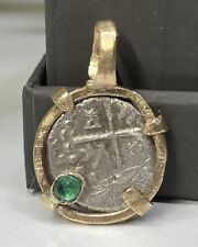 Authentic Spanish 1/2-Real Silver Shipwreck Cob Coin/Emerald in Solid Gold Bezel picture