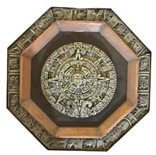 VTG MAGIC Piece Mayan Aztec Calendar Green Stone Surrounded by Wood 10.7” picture