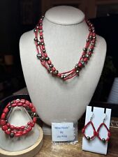 Vtg Jay King Red Coral Black Fw Pearl 925 Necklace Bracelet & Earrings Set picture