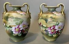 Pair of Antique Nippon Porcelain Floral Decorated Hand Painted 8.75