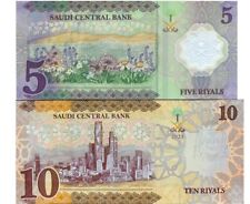 Saudi Arabia SET 2 UNC ( 5 Polymer ) 10 Riyals 2023 2024 P NEW Name Central Bank picture