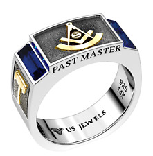 Men's 8mm Two Tone 925 Sterling Silver Past Master Synthetic Sapphire Masonic Ri picture