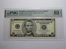 $5 2003 Near Solid Serial Number Federal Reserve Bank Note Bill UNC66 #11171111 picture