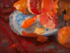 ORIGINAL Oil PAINTING: Fruit Still Life, Impressionist Orange, Antique plate picture