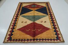 5 x 7 ft Beige Gabbeh Tribal Afghan Hand Knotted Veg dye Wool Animal Rug picture