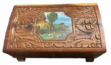 Vintage Hand Carved Cedar Box With Mirror Cottage Scene Trinket Jewelry Stash  picture