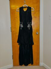 Art Deco 1930’S LONG BLACK  Velvet Dress Rose Glass Bead Sleeveless Gown OOAK picture