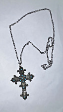 1800's Spectacular Antique Two-Sided Cross Pendant sterling w/ blue stones cl#9 picture