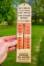 Vintage Dairy Farm Egg Advertising Wood Thermometer Sign Napoleon Ohio chickens picture