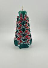 Vintage 1980s Jasco Christmas Tree Carved  Ribbon Style Candle 5” Green Red picture
