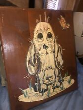 Vintage Signed Original Art Dog W Big Eyes Painting, On Wood Slab 20 x 17 Inch picture