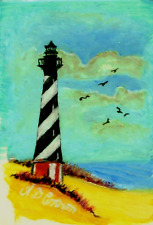 BEACH LIGHTHOUSE & SEAGULLS Original Miniature OIL PAINTING Framed signed picture