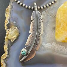 Billy Long Native American Sterling Oxidized Feather w/Turquoise Unisex Pendant picture