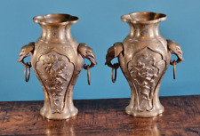 A Pair of Antique Etched Chinese Brass Vase Elephant Head Handles Unusual Shape picture