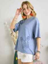 ADORA LA OVERSIZE KNIT TEE WITH CROCHET BUTTERFLY PATCH-HEATHER DENIM-LG-60% OFF picture
