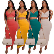 Trendy Women V Neck Spaghetti Strap Solid Back Slit Bodycon Skirt Set 2pcs picture