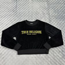 True Religion Sweater Womens Small Black Velour Crop Pullover Sweatshirt Hip Hop picture
