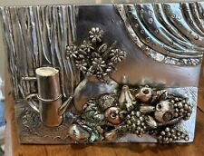 OOAK Silver High Relief Plaque Over Plaster Italy Flowers Fruit 7.5 X 9.5” picture