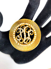 Vintage Signed Coro Brooch Round Gold Tone Faux Seed Pearl Monogramed Medallion picture