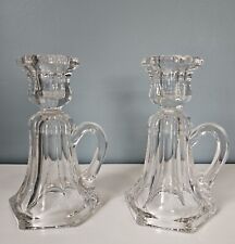 Vintage Pair of Candlestick Holders Handled Thick Moulded Glass Art Deco 5.5